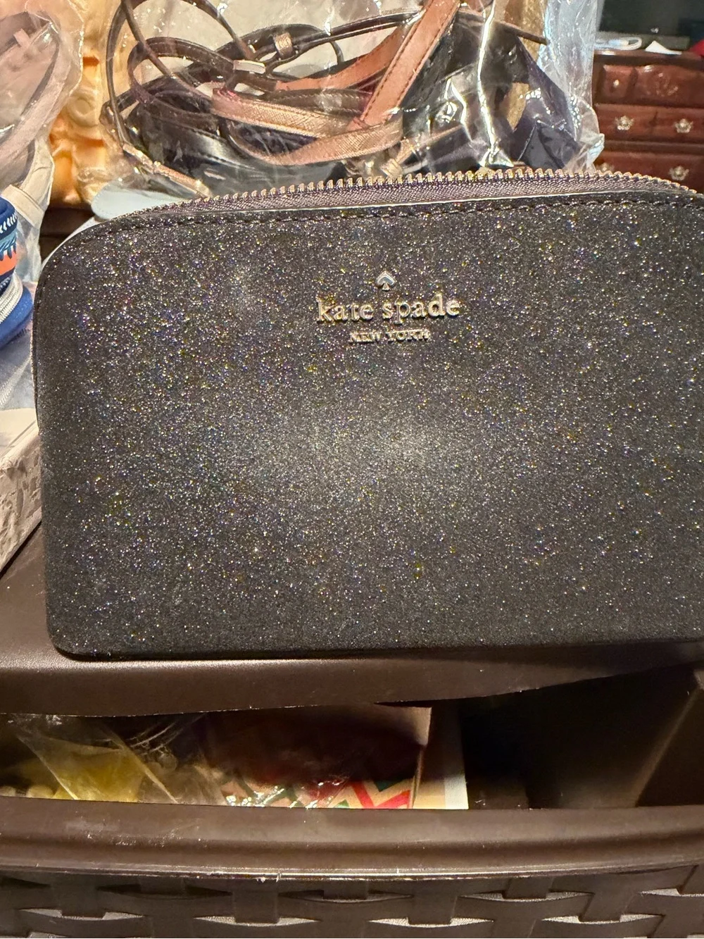Kate Spade Black Sparkle Cosmetic Bag Kate Dome Bag Black Glitter